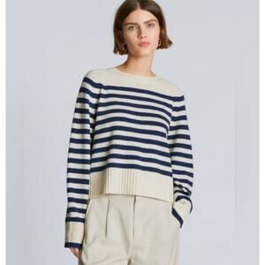 Everlane Boxy Cashmere Crew Navy and Cream Striped Sweater